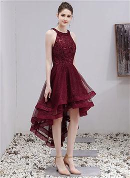 Picture of Pretty Burgundy Halter High Low Tulle Lace Homecoming Dresses, Short Party Dresses Prom Dresses